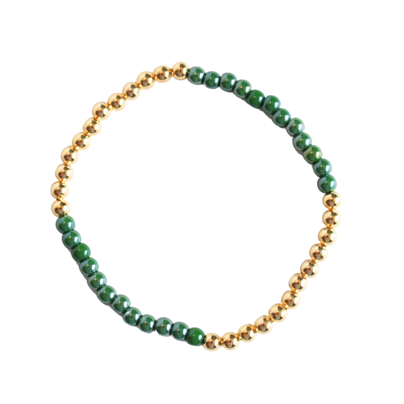 18k gold filled beaded stretch bracelet with green glass beads, versatile and durable everyday wear jewelry and tarnish resistant bracelet