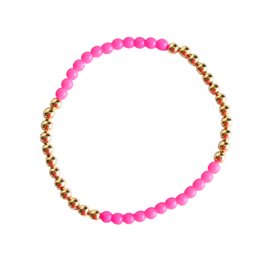 18k gold filled stretch beaded bracelet with pink glass beads, tarnish resistant and durable bracelets that are versatile for everyday wear