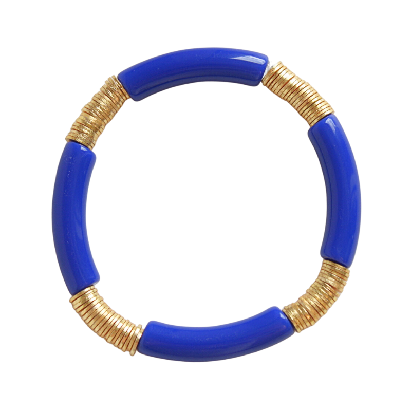 Royal blue acrylic bangle with gold flat beads. Modern bangle that is light and fun.