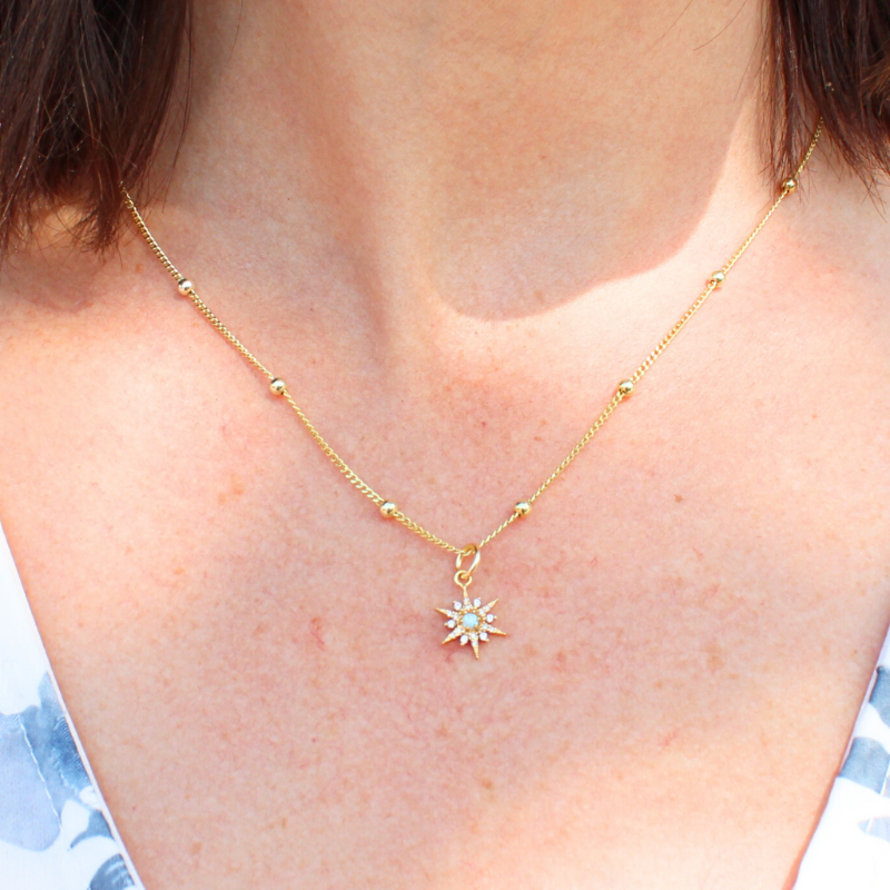 14K gold filled satellite necklace with starry opal charm. Dainty necklace that is water proof.
