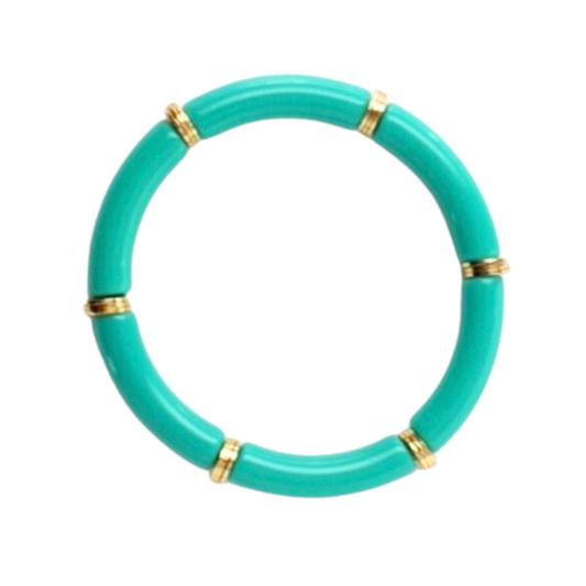 Green acrylic bangle bracelet with gold flat beads