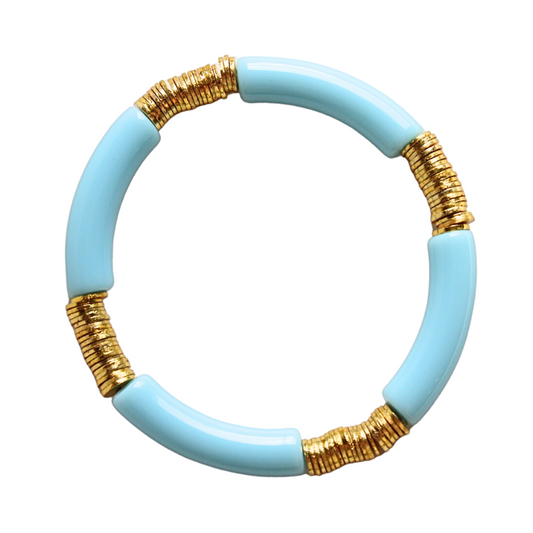 Blue acrylic bangle with gold beads. Modern chunky bangle that is light and fun.