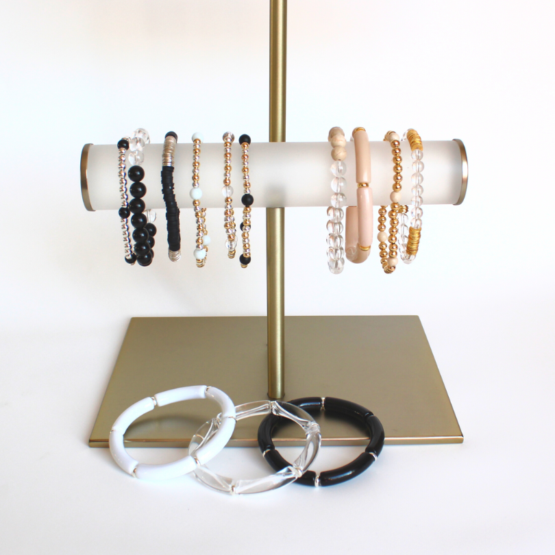 Neutral style gold and silver beaded bracelets.  Elliot Lane jewelry's neutral collection.