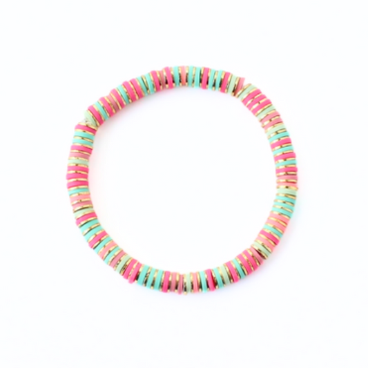 Pink and green stripped polymer clay beaded bracelet with gold flat beads