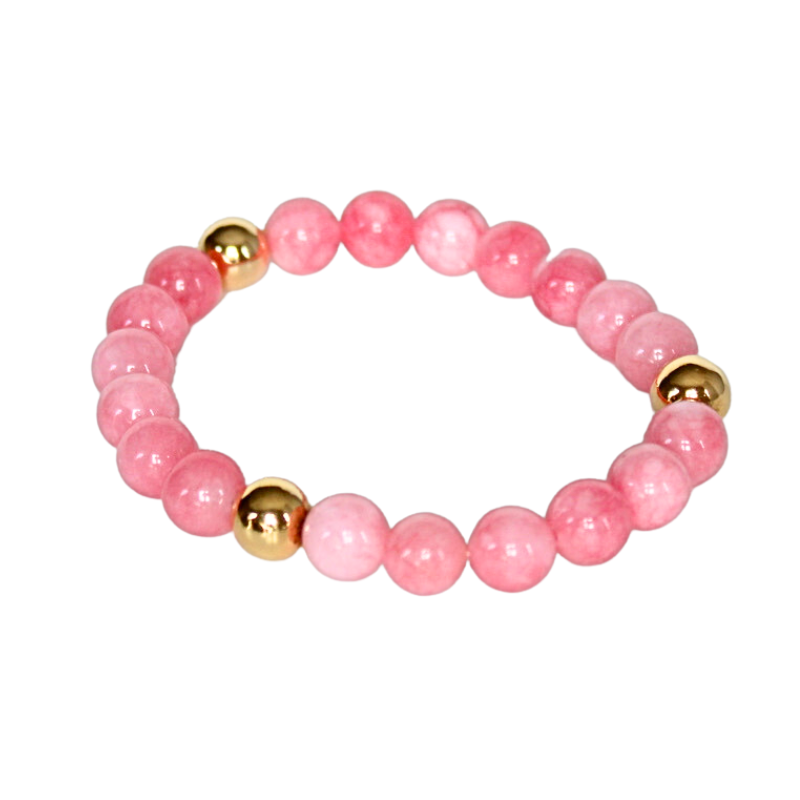 Pink jade beaded bracelet styled with gold-filled round beads