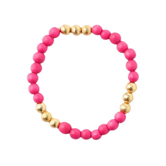 Pink wooden lightweight beaded bracelet with brushed gold  beads