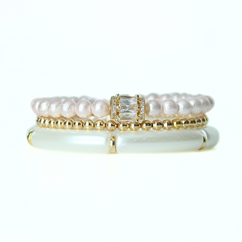 Pink Shell Pearl Bracelet with Gold Pave Crystal Bead