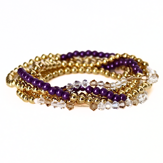 Purple beaded friendship bracelet set for women. 18K gold filled beaded bracelets with purple glass and clear crystal beads. Waterproof and tarnish resistant.