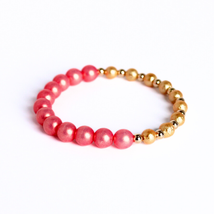 Red Shimmering Acrylic and Gold Pearl Beaded Bracelet