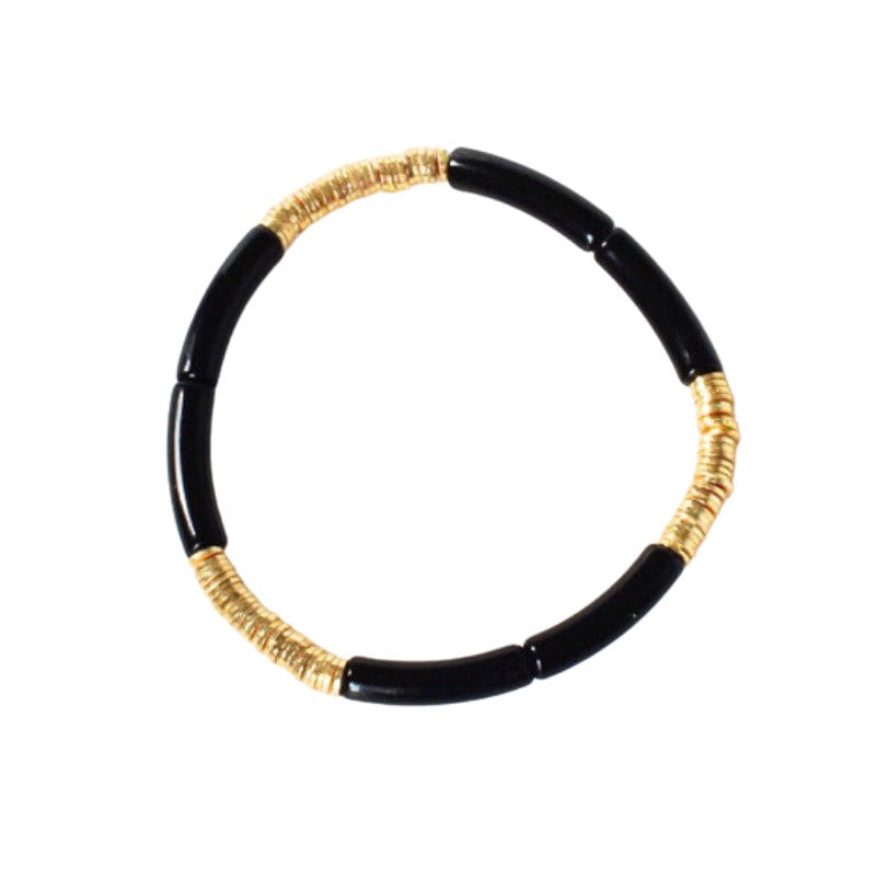 Skinny black acrylic tubed bangle with gold flat beads