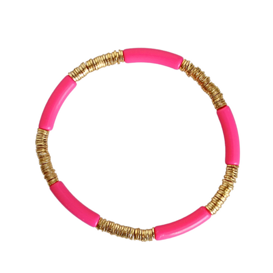 Skinny pink acrylic bangle bracelet with dainty gold flat beads.