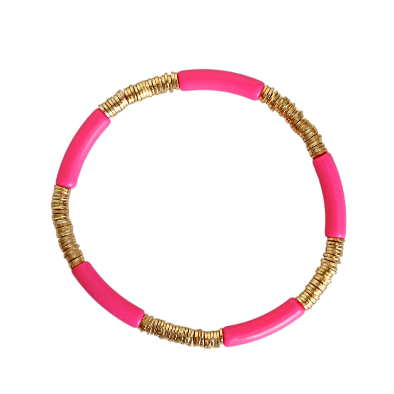 Skinny pink acrylic tube bangle bracelet with 4mm gold flat beads.