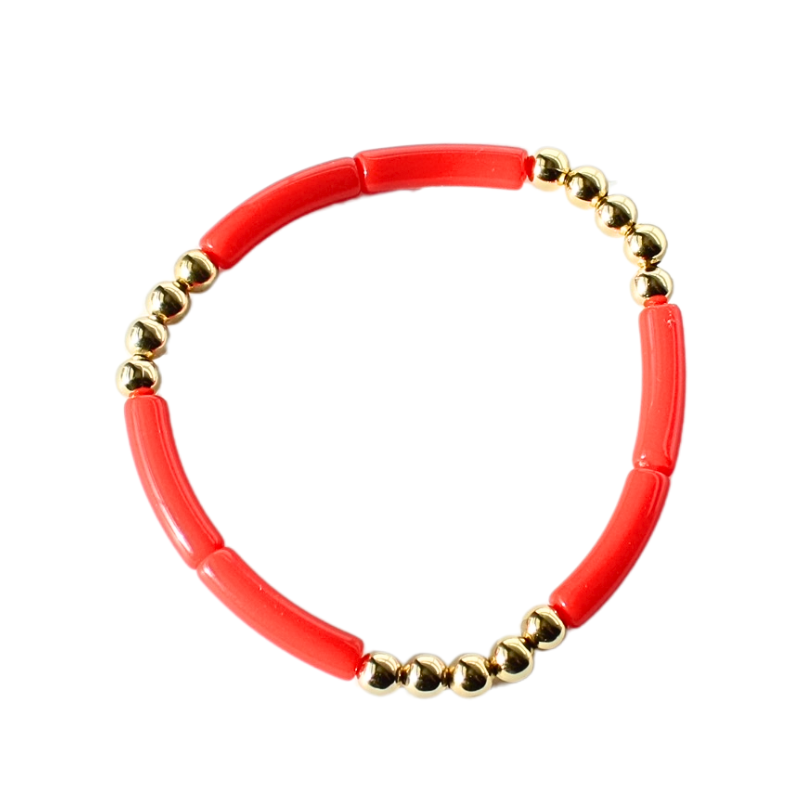 Skinny red acrylic tube bangle with 18k gold-filled round beads.