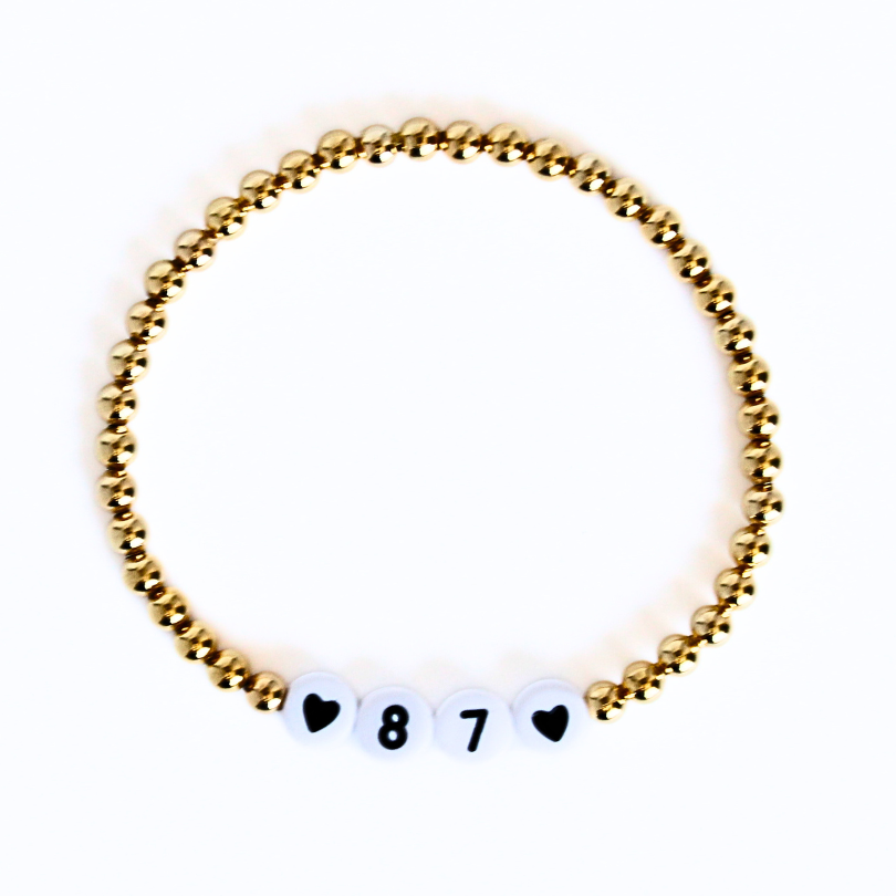 Custom Number 4mm Gold Beaded Bracelet with White Round Letter Beads