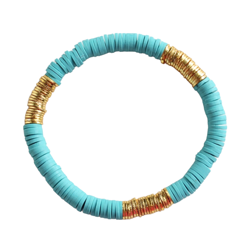 Single beaded pop of color stretch bracelet for layering and stacking. Curated with blue polymer clay beads and gold-plated flat beads, this classic bracelet will add a timeless look to any outfit or bracelet stack. Wear alone or add to any bracelet to create the perfect look.